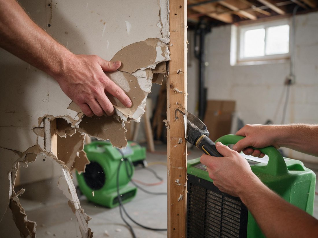 Close-up of hands pulling torn drywall off a wall stud and handling a green drying machine, with an air mover on the floor, in Cedar Rapids, IA