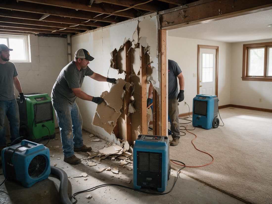 Workers cutting out damaged drywall in a room with open ceiling joists, with blue and green dehumidifiers and air movers on the floor, in Cedar Rapids, IA