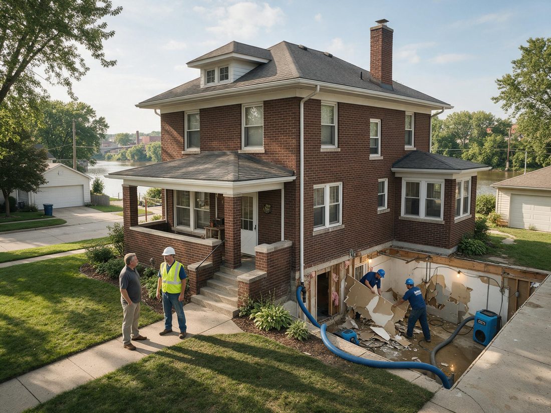 Workers in a dug-out area beside a brick two-story house with blue hoses across the lawn, as two men talk on the front walk, in Cedar Rapids, IA