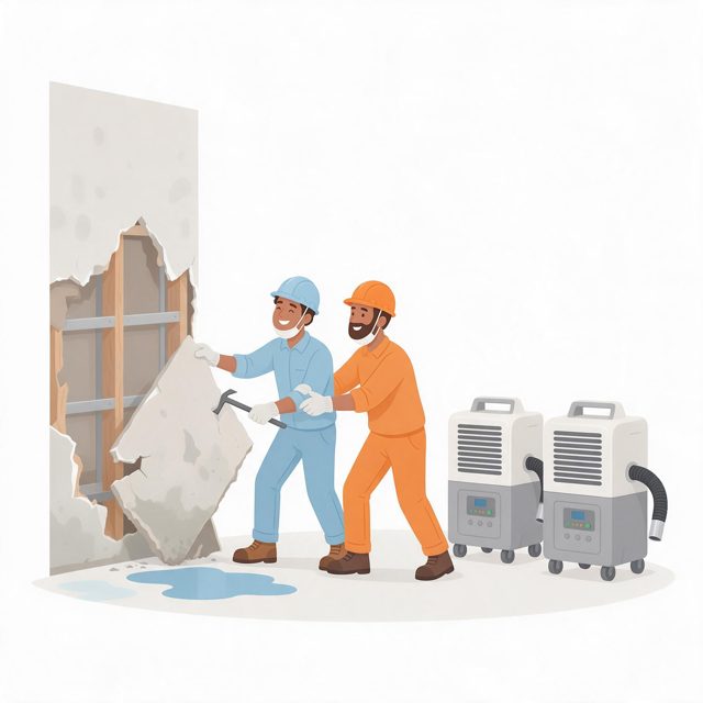 Illustration of two workers in hard hats removing a damaged wall panel beside two dehumidifiers and a small puddle, for a home in Cedar Rapids, IA