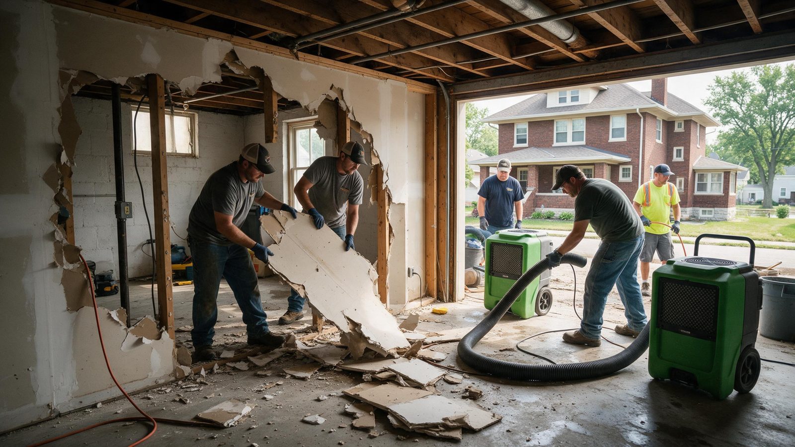 Workers tearing out wet drywall in an open garage-level room with a hose, a green dehumidifier and air movers, and a brick house across the street, in Cedar Rapids, IA